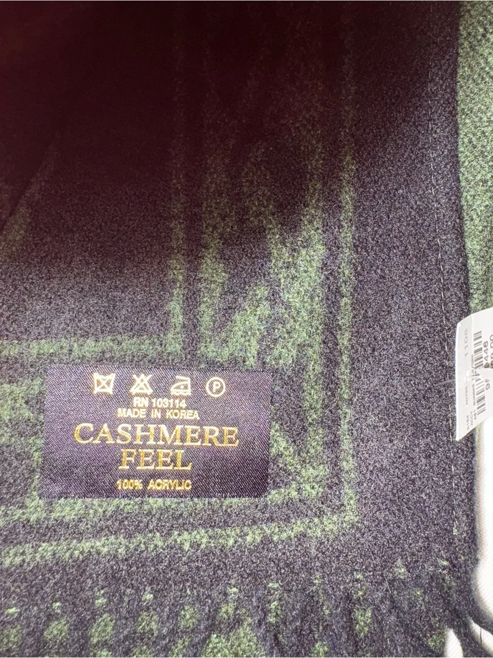 Cashmere Feel Black & Dark Green Plaid Scarf/ Shawl with fringe edge